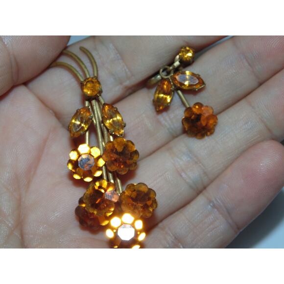 Vintage Estate Crystal Citrine Orange Stones Brooch Earrings Set Costume Jewelry - Picture 5 of 6
